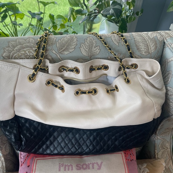Handbags - Two-Tone Black and Cream Shoulder Tote Bag Large